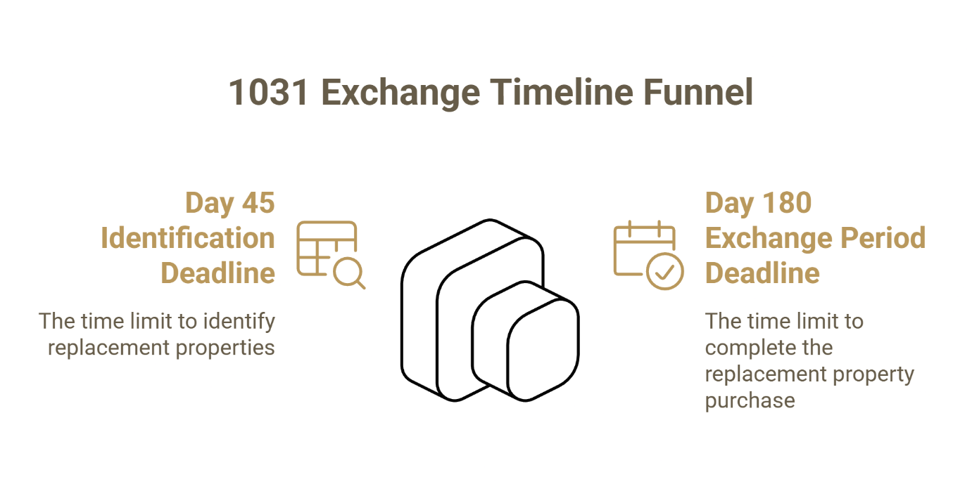 1031 exchange timeline funnel showing two critical deadlines: Day 45 identification deadline to identify replacement properties and Day 180 exchange period deadline to complete replacement property purchase.