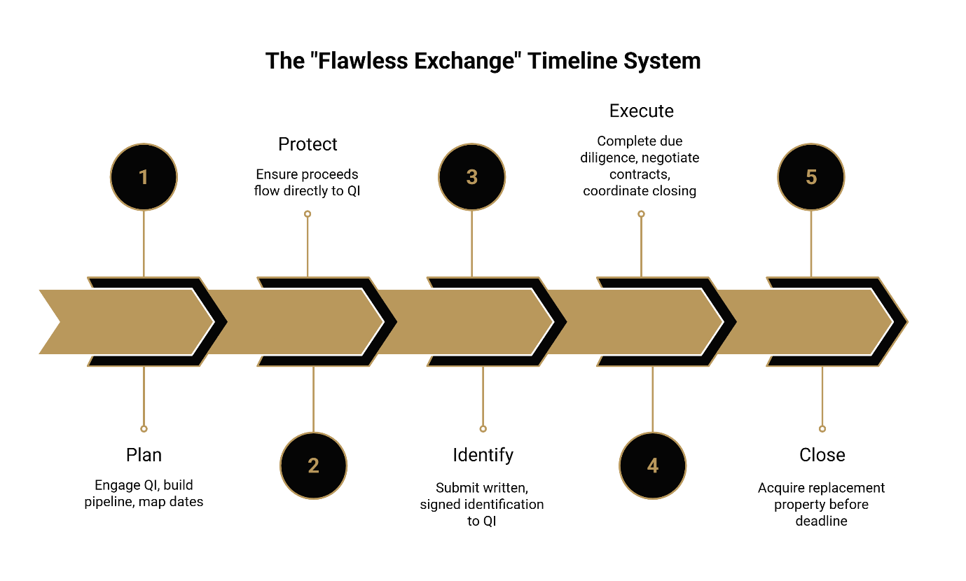 Five-step Flawless Exchange timeline for 1031 exchanges: Plan, Protect, Identify, Execute, and Close.