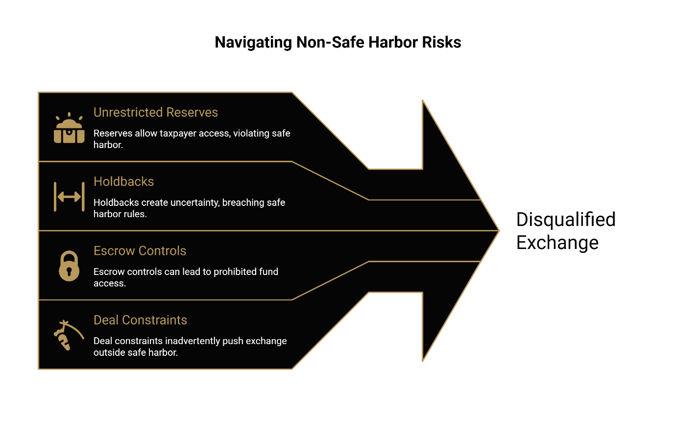 Four non-safe harbor risks that can disqualify a 1031 exchange: unrestricted reserves, holdbacks, escrow controls, and deal constraints.