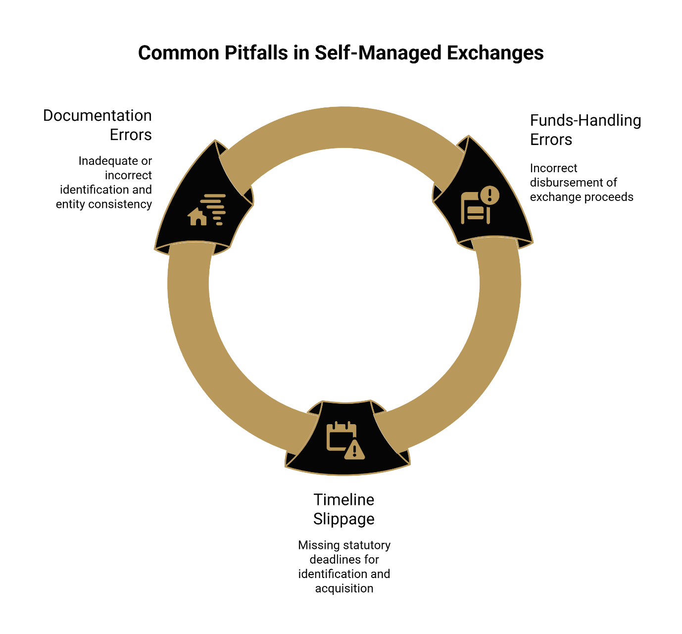 Three common pitfalls in self-managed 1031 exchanges: documentation errors, funds-handling errors, and timeline slippage.