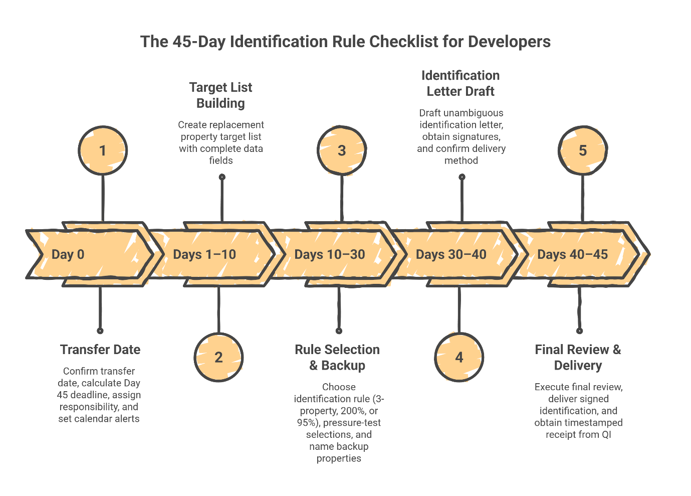 45-day identification rule timeline for 1031 exchanges showing five phases: transfer date, target list building (days 1-10), rule selection (days 10-30), identification letter draft (days 30-40), and final review (days 40-45).