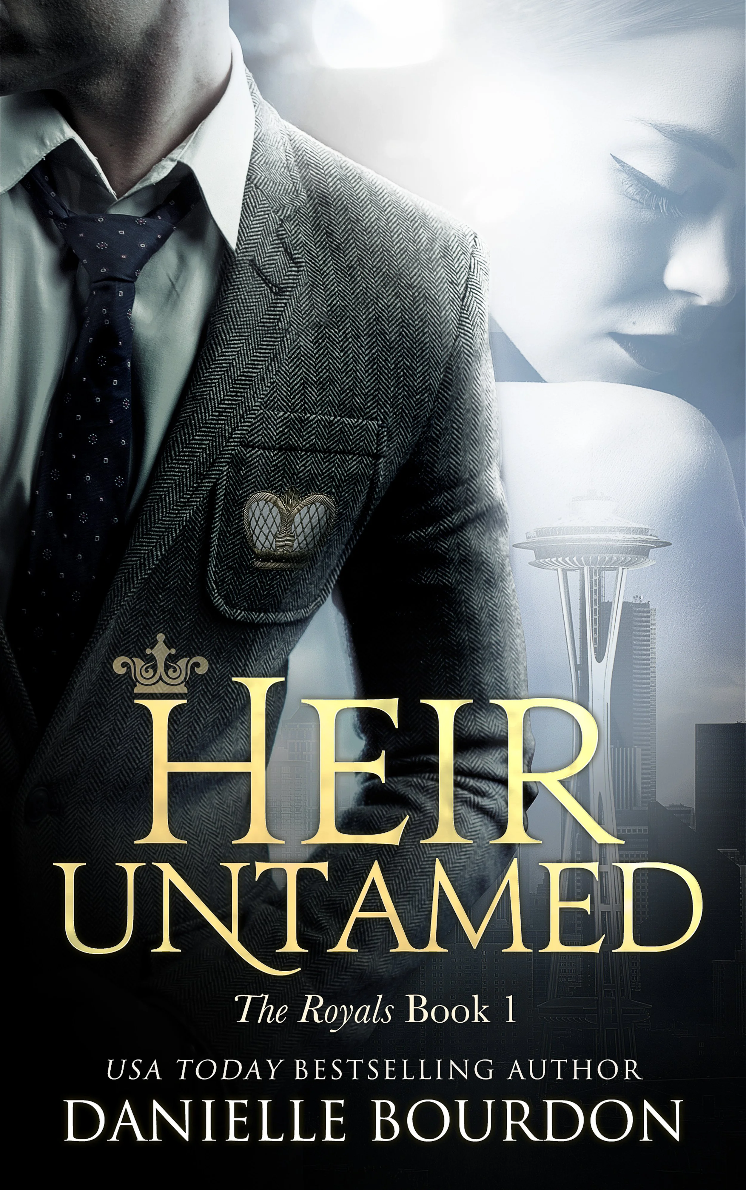 Book cover of 'Her Untamed' by Danielle Bourdon, featuring a man in a suit and a woman in the background, with the Seattle Space Needle in the skyline.