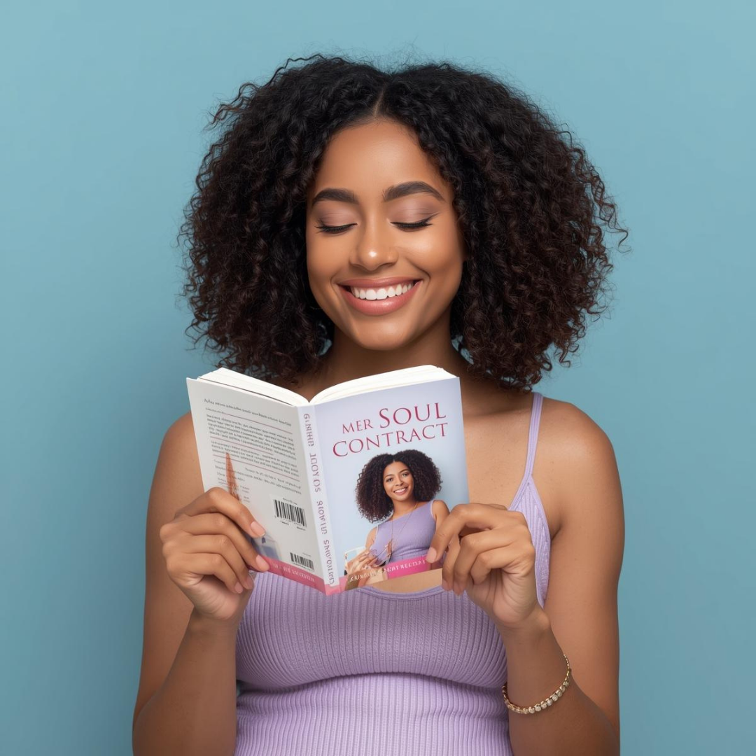 Gen X African American woman smiling while reading her personalized Soul Contract Owner’s Manual with her photo on the cover, reflecting self-recognition and empowerment.