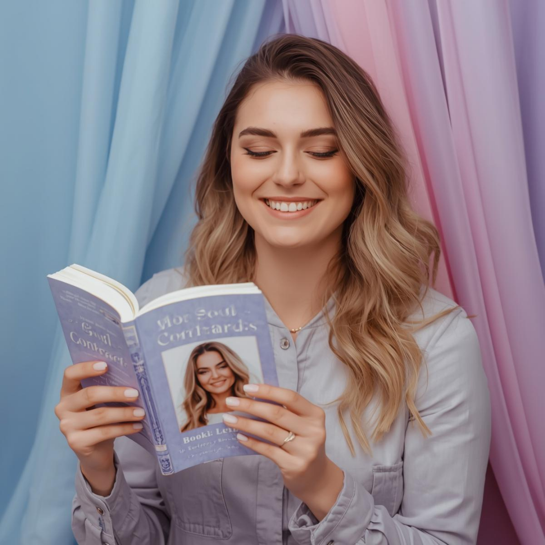 Gen Z business woman calmly reading her personalized soul contract, representing clarity, confidence, and aligned leadership.