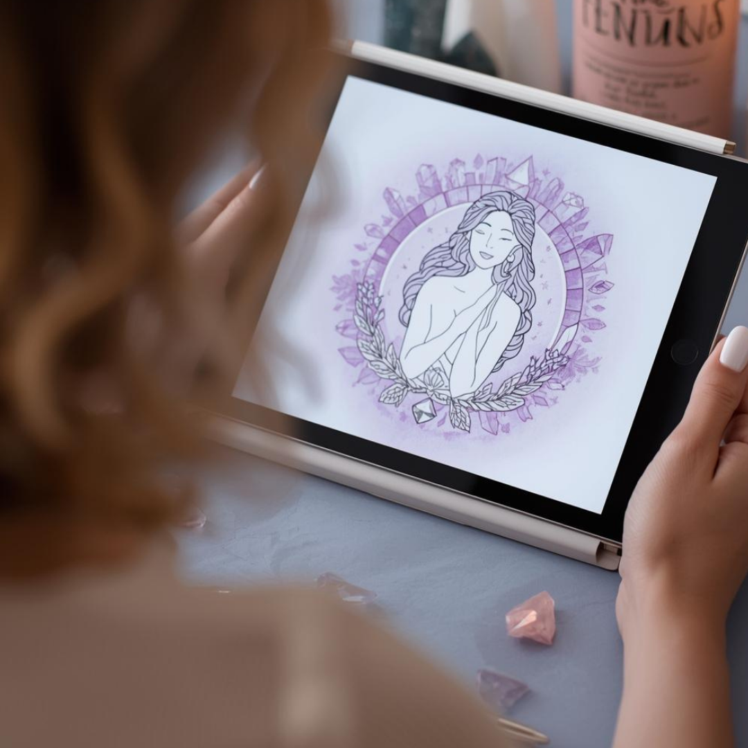 Over-the-shoulder view of a woman logging into the Sacred Feminine Design group immersion platform, symbolizing guided support and community integration.