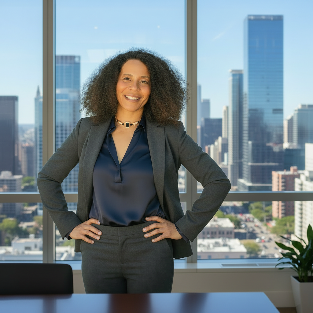 confident woman in leadership smiling with dark curly hair excited by her position as leader and guide to others.