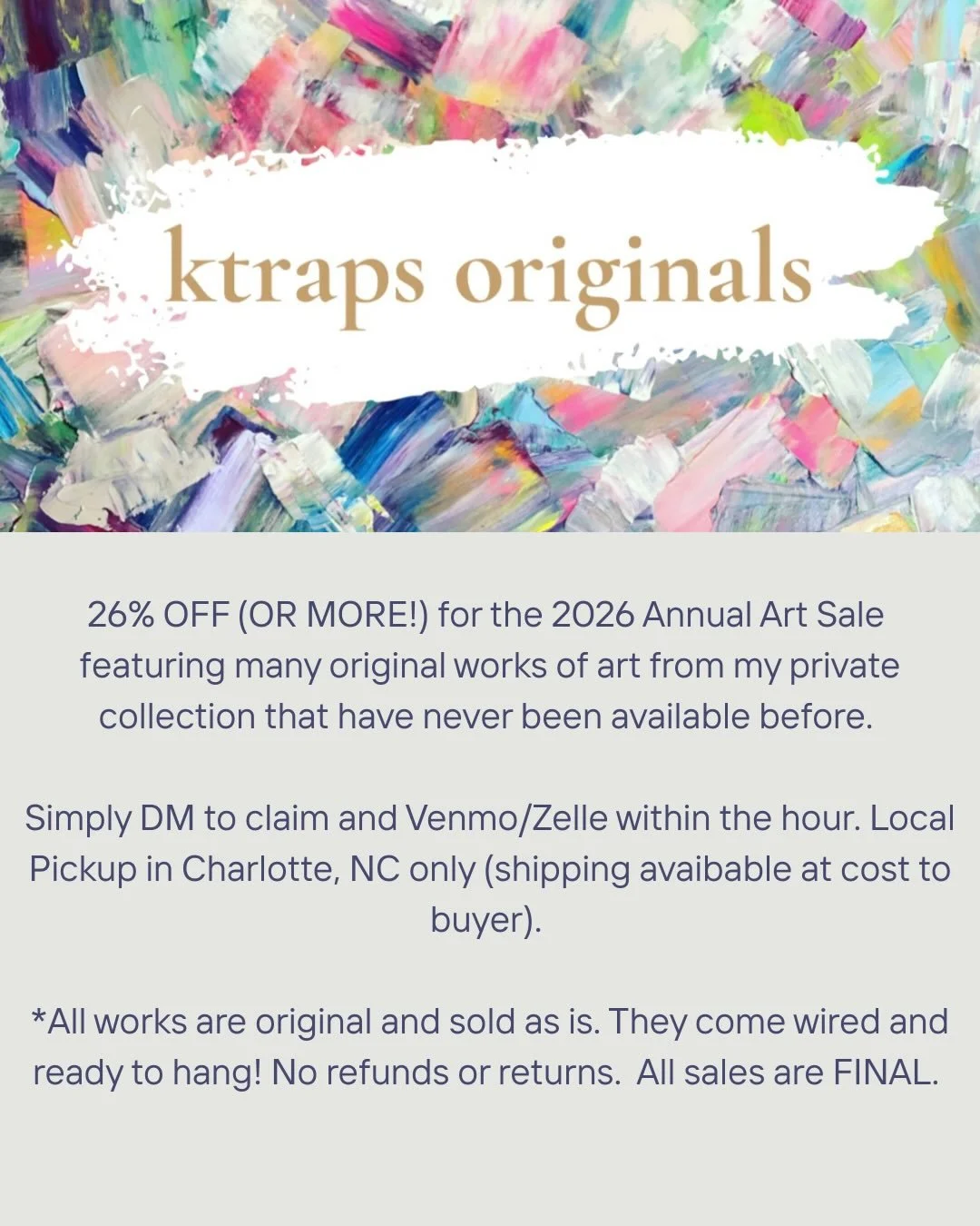 2026 ART SALE is LIVE! 26% OFF (OR MORE!) featuring many original works of art from my private collection that have never been available before. Simply DM to claim and Venmo/Zelle within the hour. Local pickup in Charlotte, NC only or shipping availa