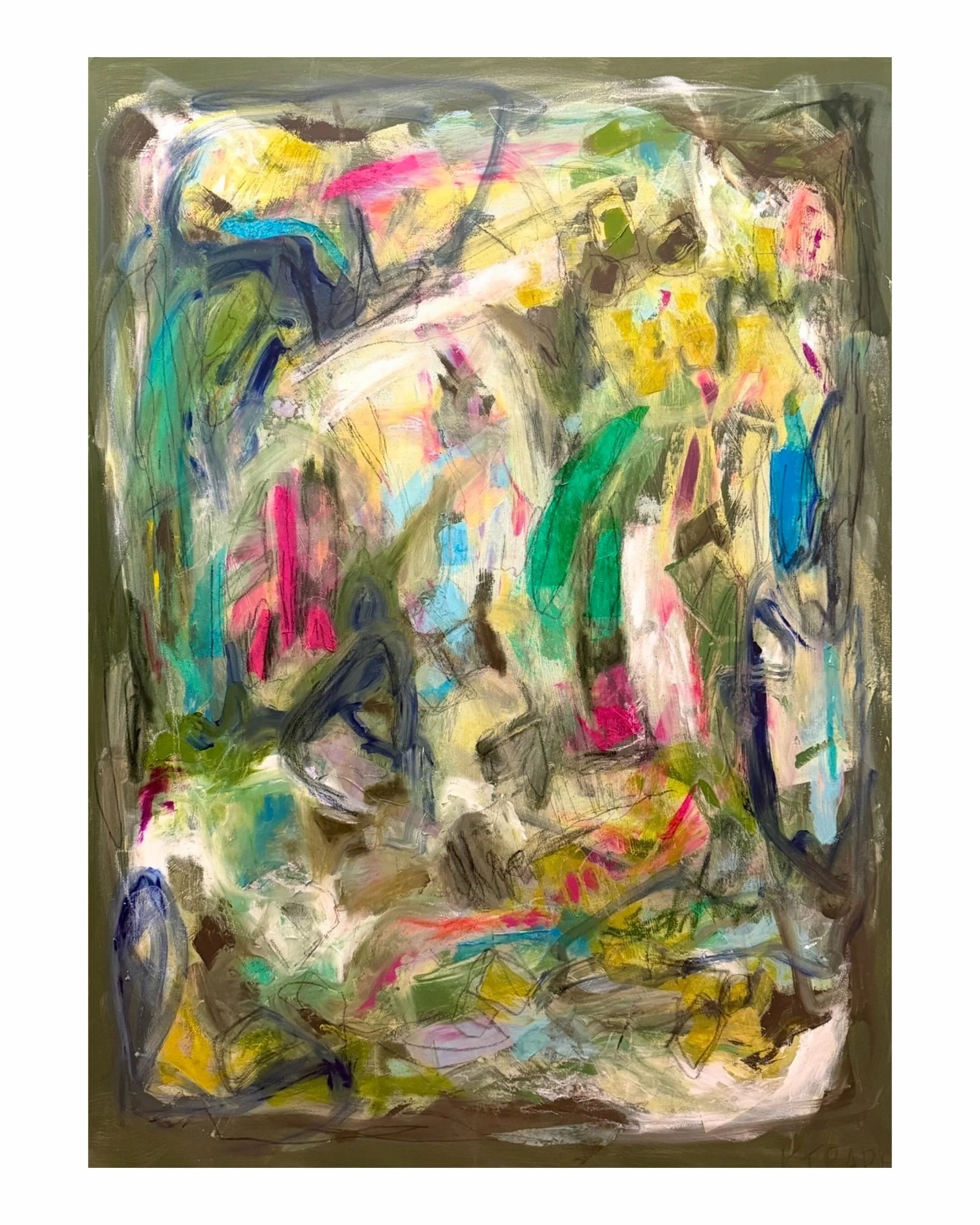 48x36 &ldquo;Sitting in the Grass, Looking at the Sky&rdquo; mixed media on gallery wrapped canvas 

Here&rsquo;s the story behind it: Where are all my summer lovers? Because this piece is a childhood summer on canvas - the deep lush green hues of th