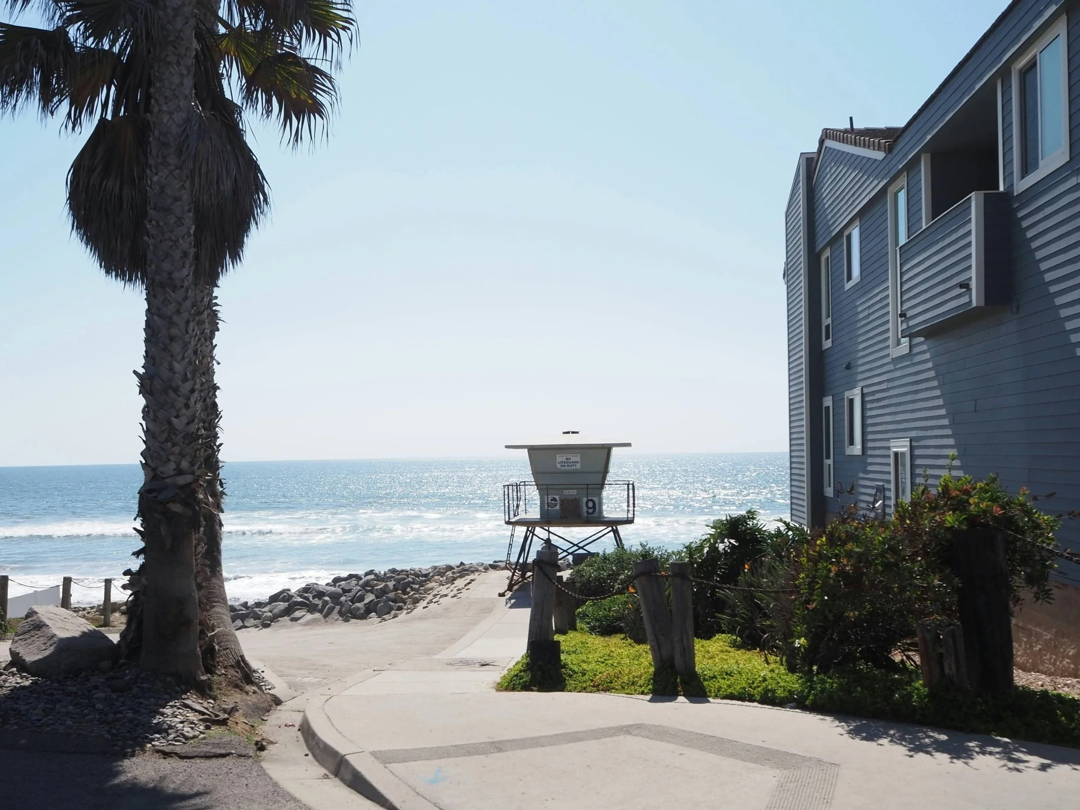 Pathway to beach with lifeguard hut, palm tree, and gray building under bright sunlight