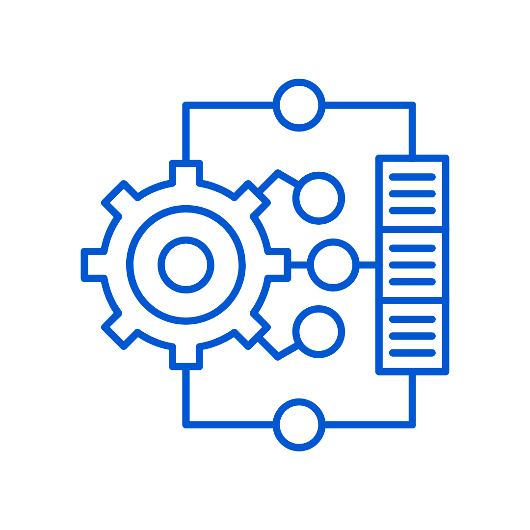 Ícone de engrenagem azul conectada a componentes de circuito ou fluxo de trabalho em linha