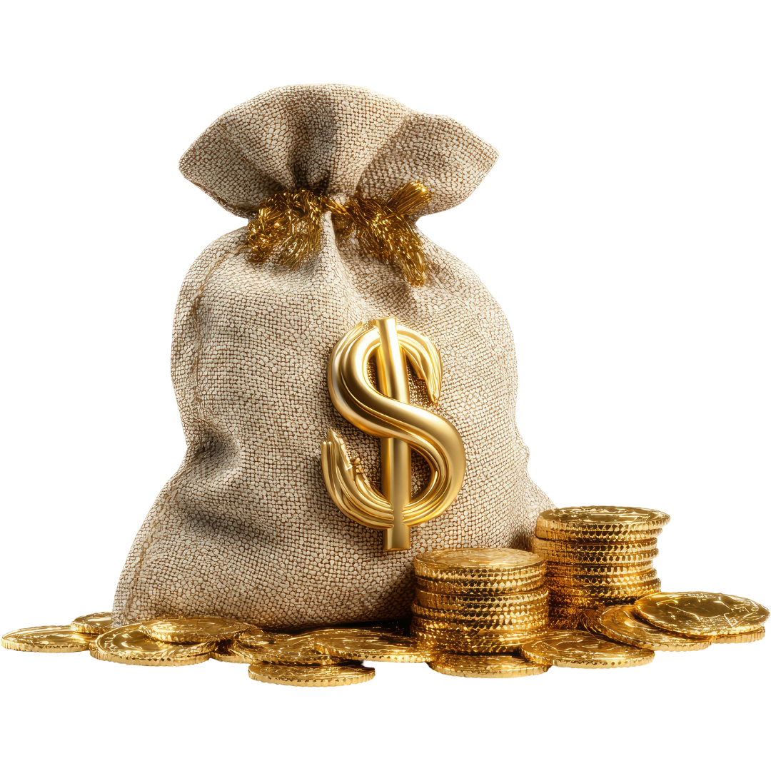 Saco de dinheiro dourado com um símbolo de cifrão dourado na frente, cercado de moedas de ouro.