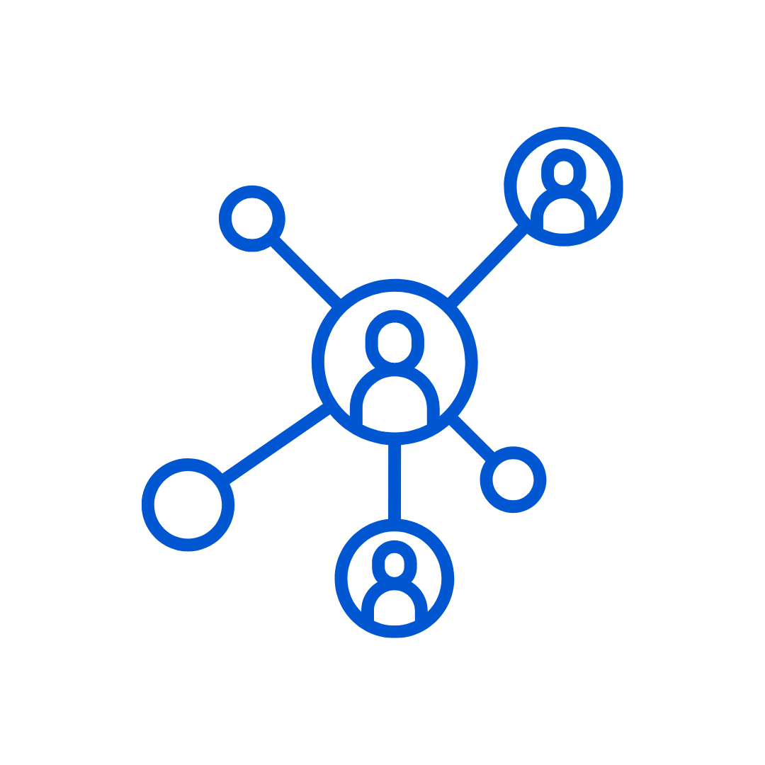 Ícone azul representando rede social com várias pessoas conectadas por linhas em um fundo preto.
