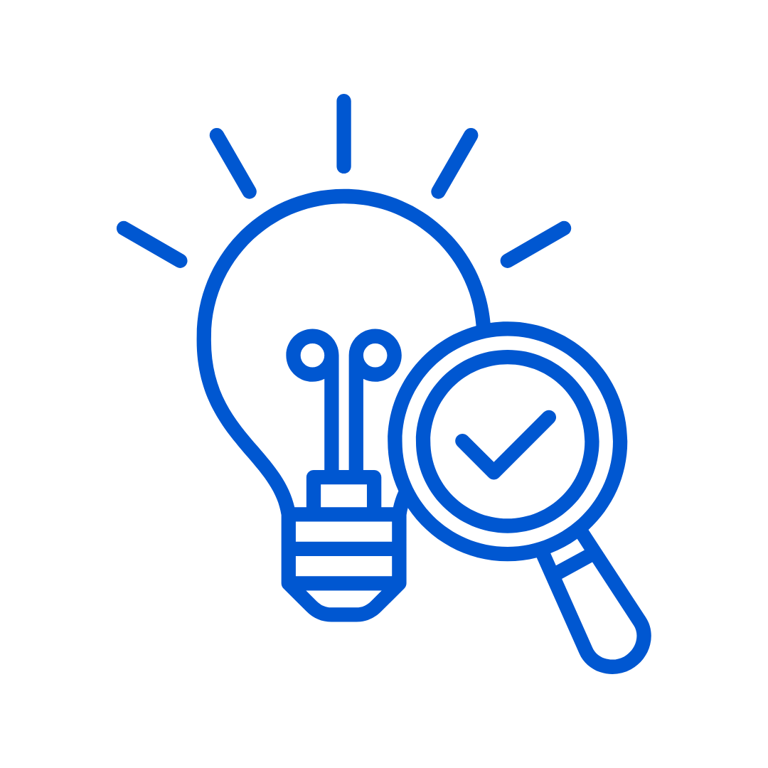 Ícone de lâmpada com uma lupa e um círculo com marca de verificação.