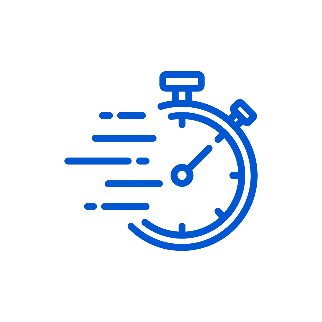 Ícone de um cronômetro azul em movimento rápido, simbolizando rapidez ou agilidade.