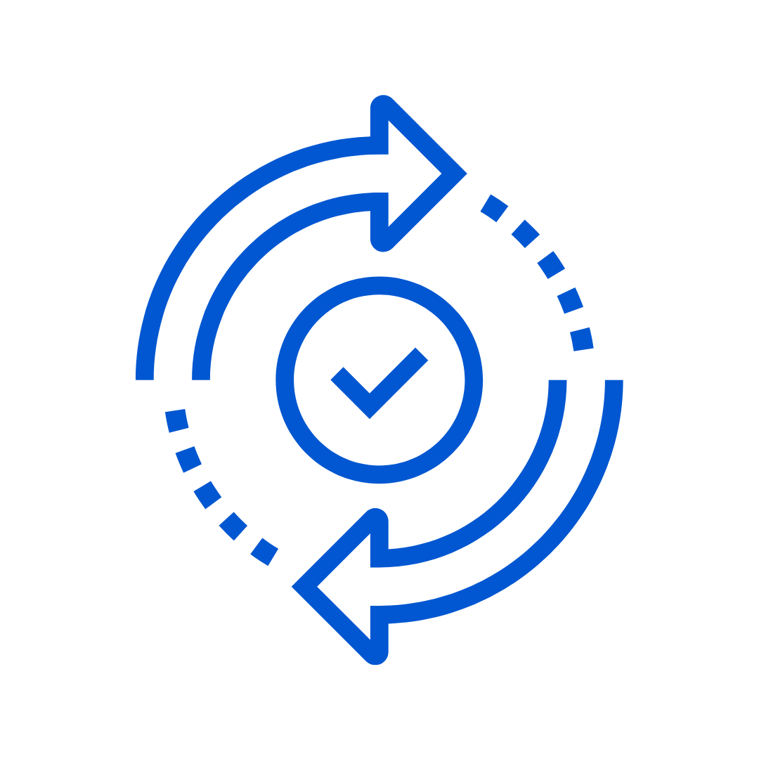 Ícone azul representando atualização ou sincronização, com setas circulares e um símbolo de checagem no centro.