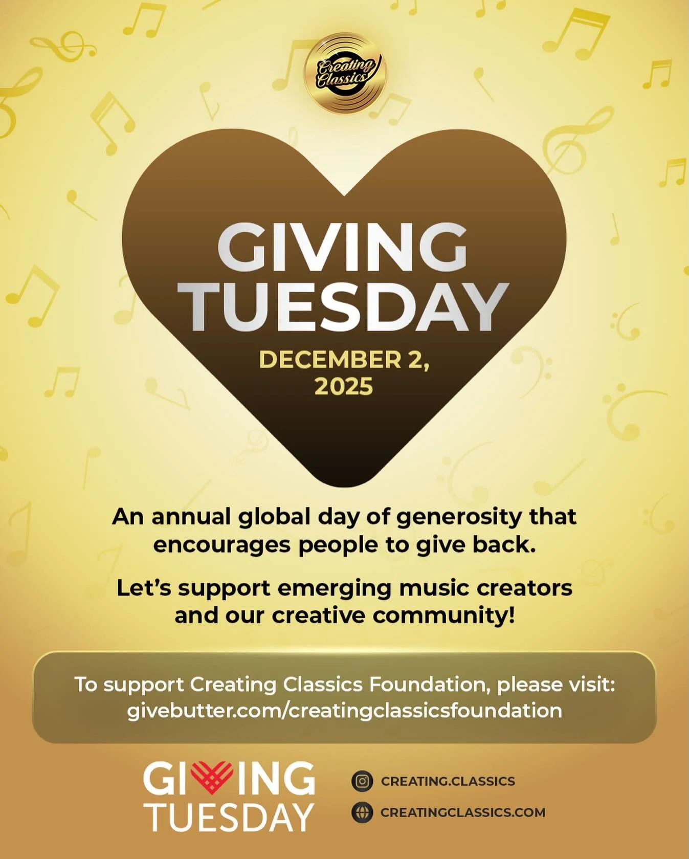 Giving Tuesday is almost here! 💛🎗️🎶🎹

Join Creating Classics Foundation in supporting emerging music creators and our creative community. Your generosity helps us expand programming and create more opportunities for the next generation of music c