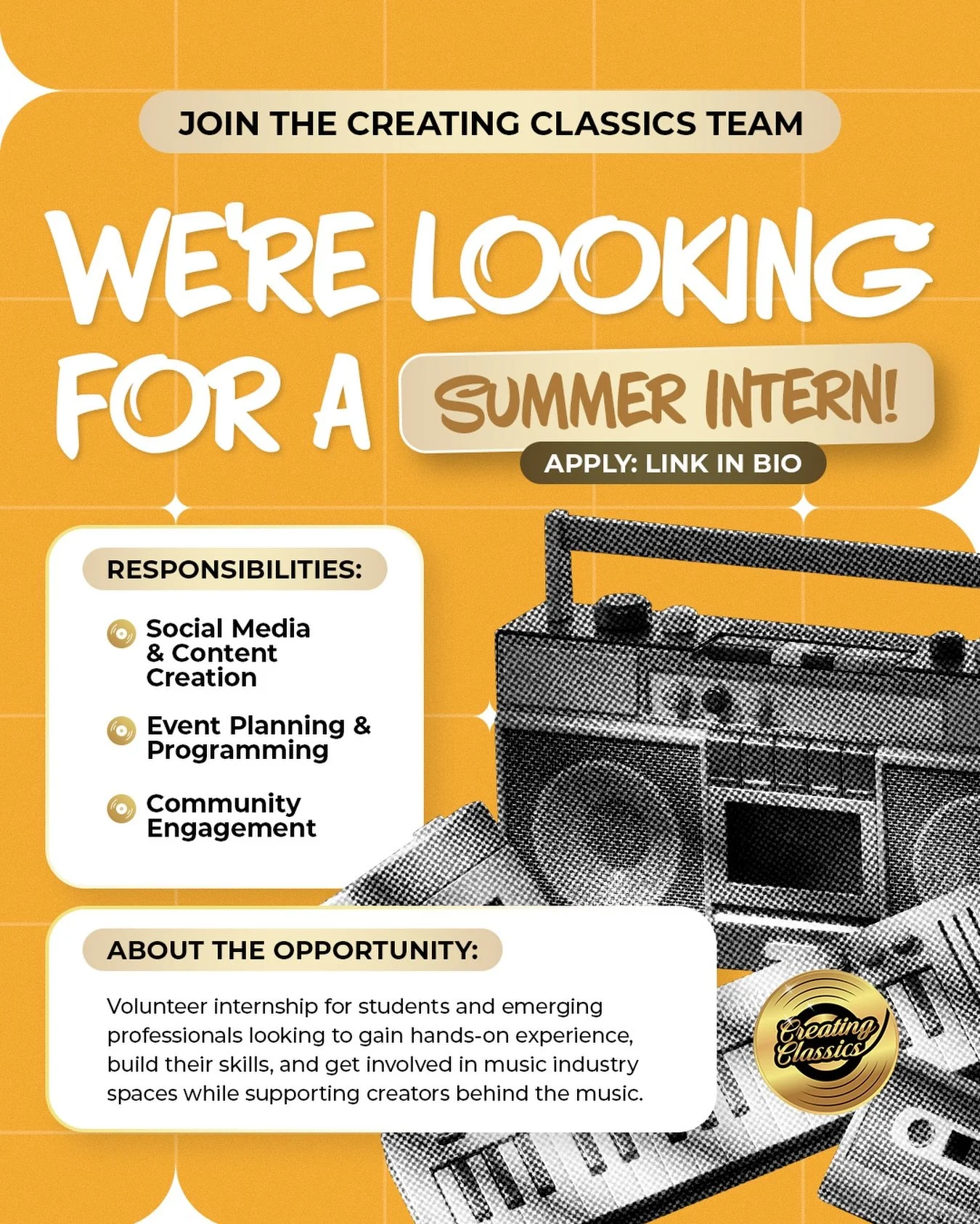 Creating Classics is looking for a Summer 2026 intern! 🎶

If you&rsquo;re passionate about music creators, non-profit work, and want hands-on experience in music industry programming, event planning, social media, and community engagement, this one&