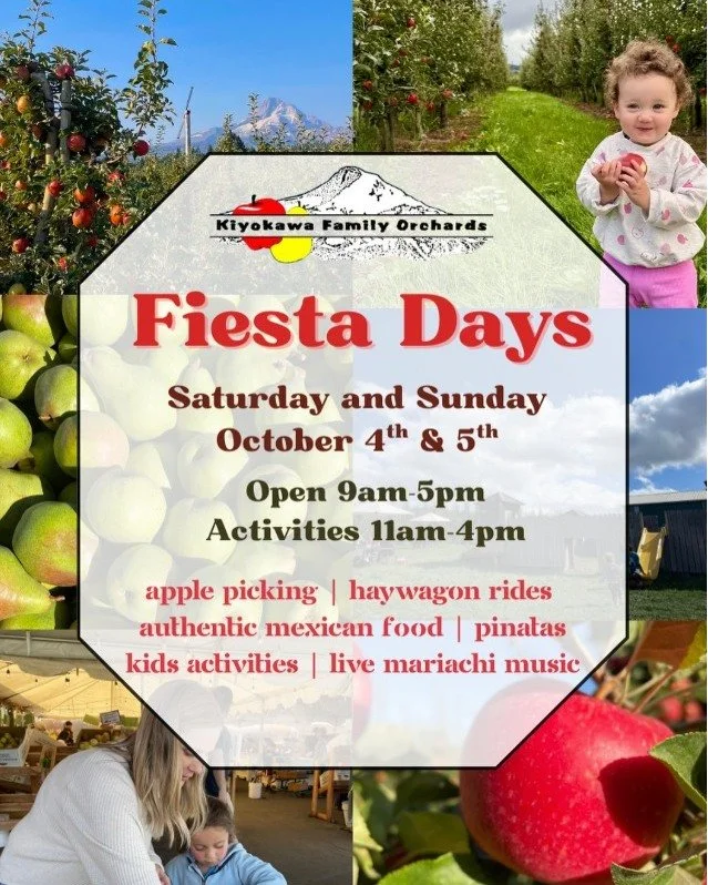 @kiyokawafamilyorchards 
🎉 Fiesta Days are this weekend! 🎉
Join us Saturday &amp; Sunday for a weekend full of fun at Kiyokawa Family Orchards 🍎🍐

✨ Apple picking
✨ Haywagon rides with Randy &amp; Rebecca Kiyokawa
✨ Authentic Mexican food
✨ Pi&nt