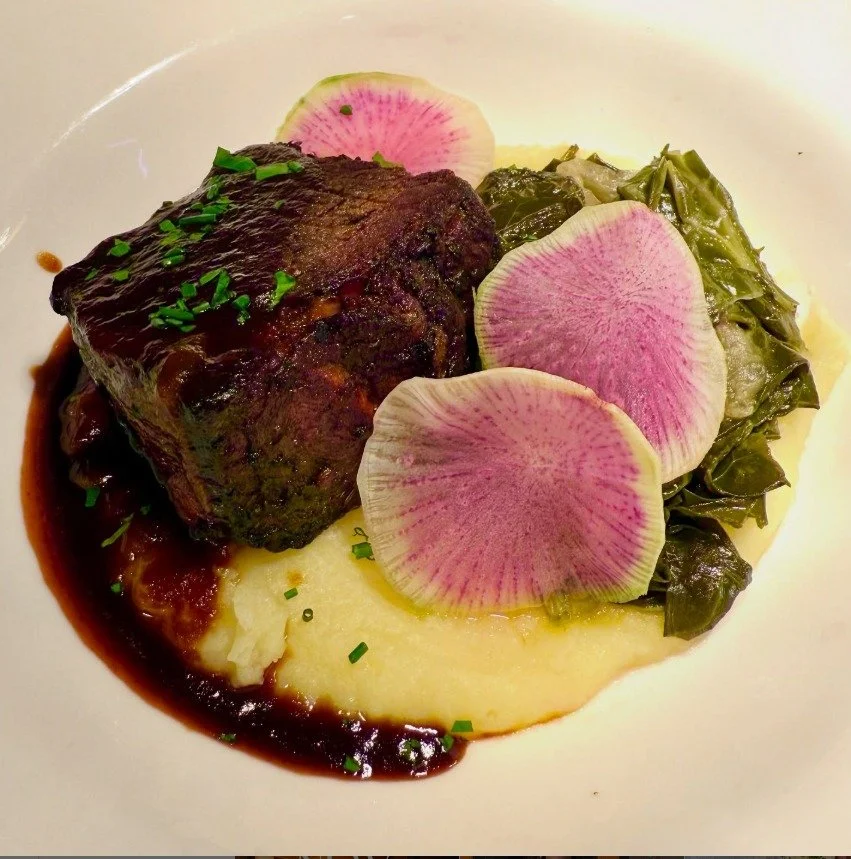Tantalizing! 

From @celilorestaurantandbar Red Wine Braised Beef Short Rib! A decadent dish served with gold potato pur&eacute;e, soy-bacon braised @oakrose_farm collards, @saurfarmer watermelon radishes, and bourbon pork jus.

#hoodriverrestaurants