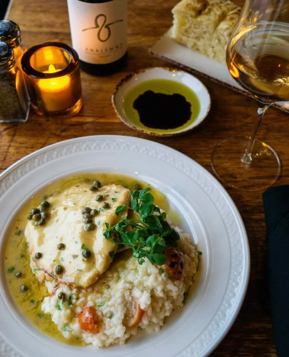 Come by @riversidehoodriver for pasta 2 for 1 night from Sunday to Thursday. But if you want something different, Chicken Piccata is our current favorite, especially paired with a glass of white!