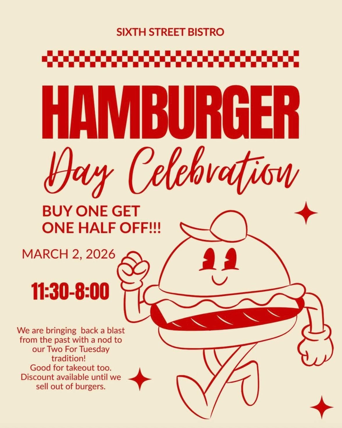 On Monday, March 2, @6thstreetbistro will bring back its "buy-one-get-one-half-off" burger special!  Open 11:30 to 8 pm, good for take-out too!

#6thstreetbistro #HamburgerDay #BurgerDeal #hoodrivereats