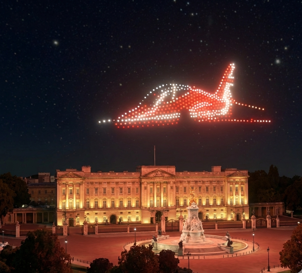 Star Symphony Drone Shows AI created Red Arrow plane flying over Buckingham Palace