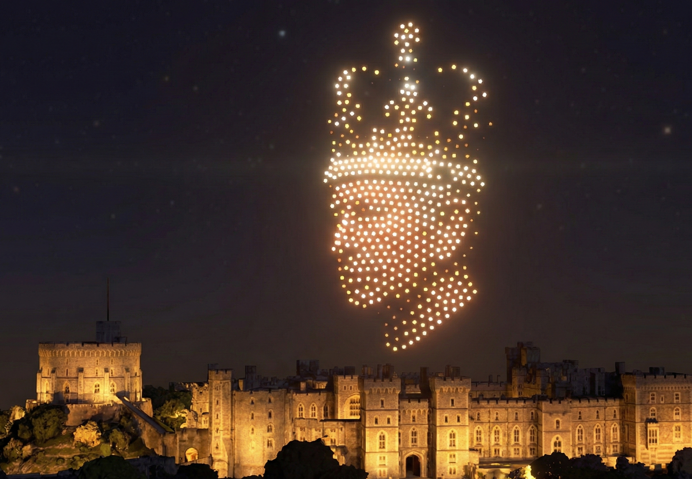 Star Symphony Drone Shows AI generated image of King Charles III over Windsor Castle