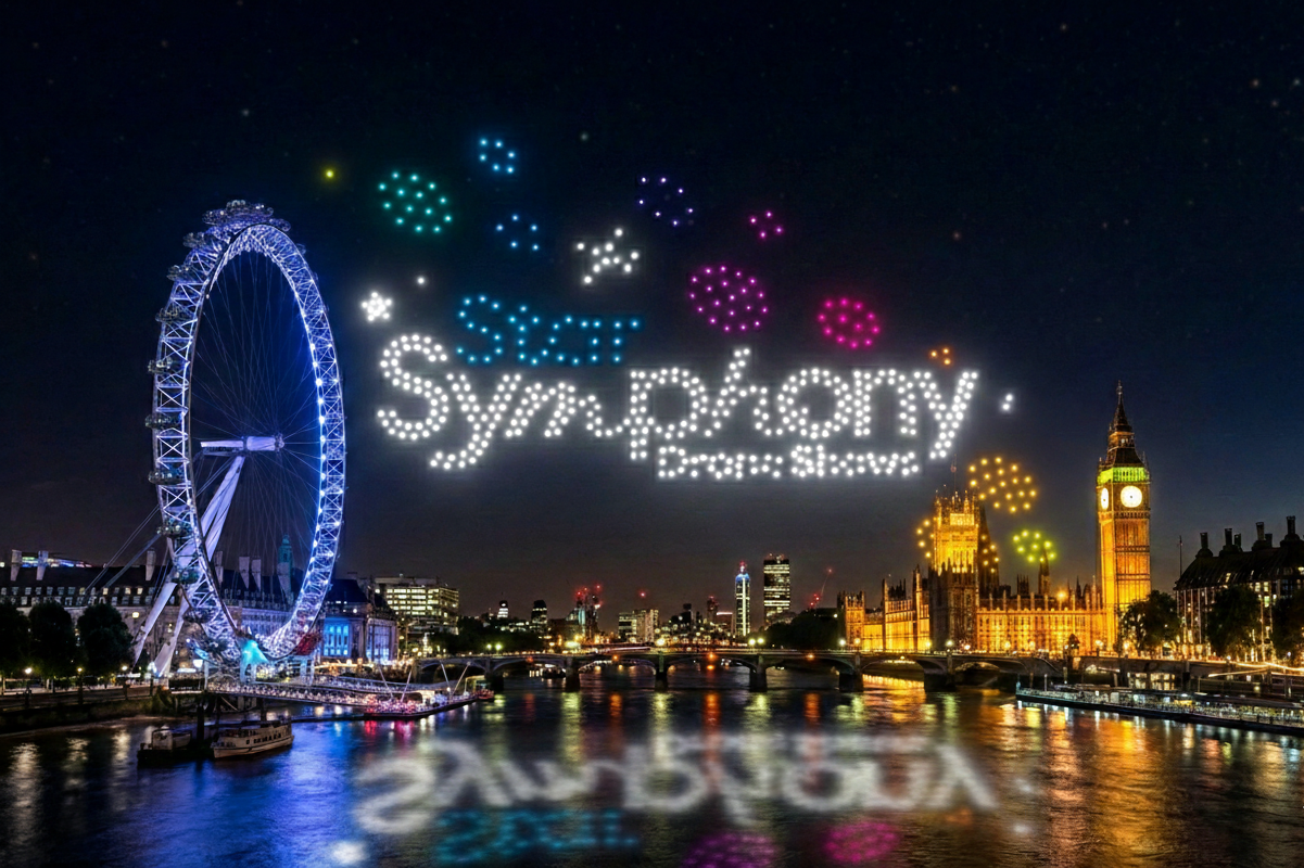 Star Symphony Drone Shows AI generated image of drones in the sky above London
