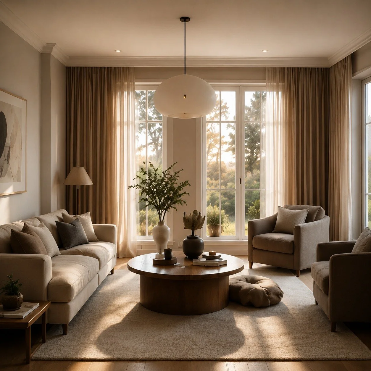 Fotorealistisk visualisering av modernt vardagsrum med skräddarsydd inredningsdesign från Hemisfär