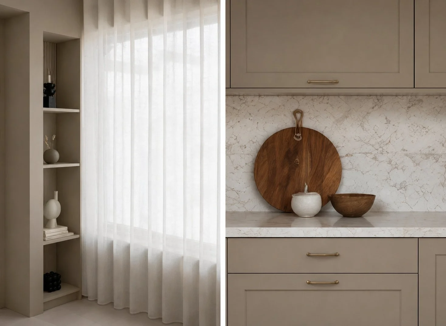 Detaljbild av kök med beige luckor, marmorbänkskiva och noggrant utvalda naturmaterial i ett Hemisfär-projekt