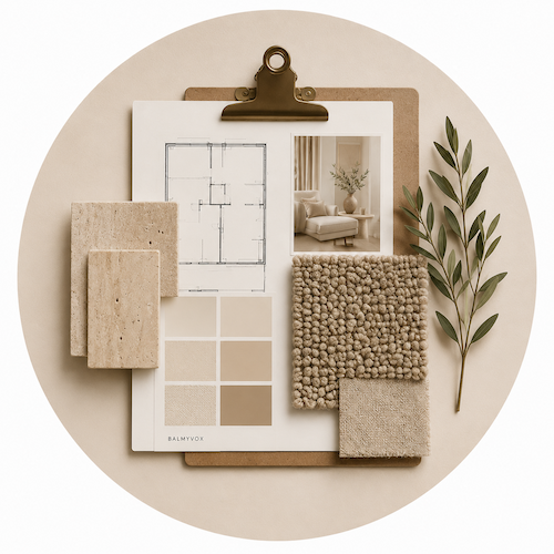 Moodboard med färgpalett, materialprover och inredningskoncept från Hemisfär