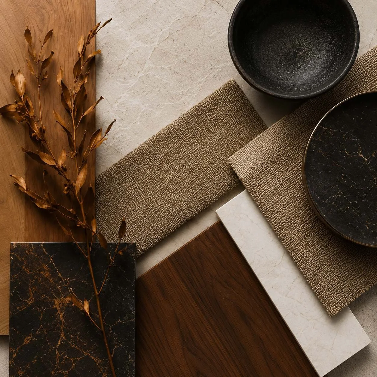 Materialprover med mörkt trä, natursten, textilier och svarta detaljer i varma beige och bruna toner för ett inredningskoncept från Hemisfär