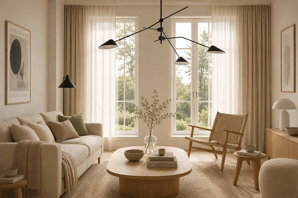 Fotorealistisk visualisering av modernt vardagsrum med skräddarsydd inredningsdesign från Hemisfär