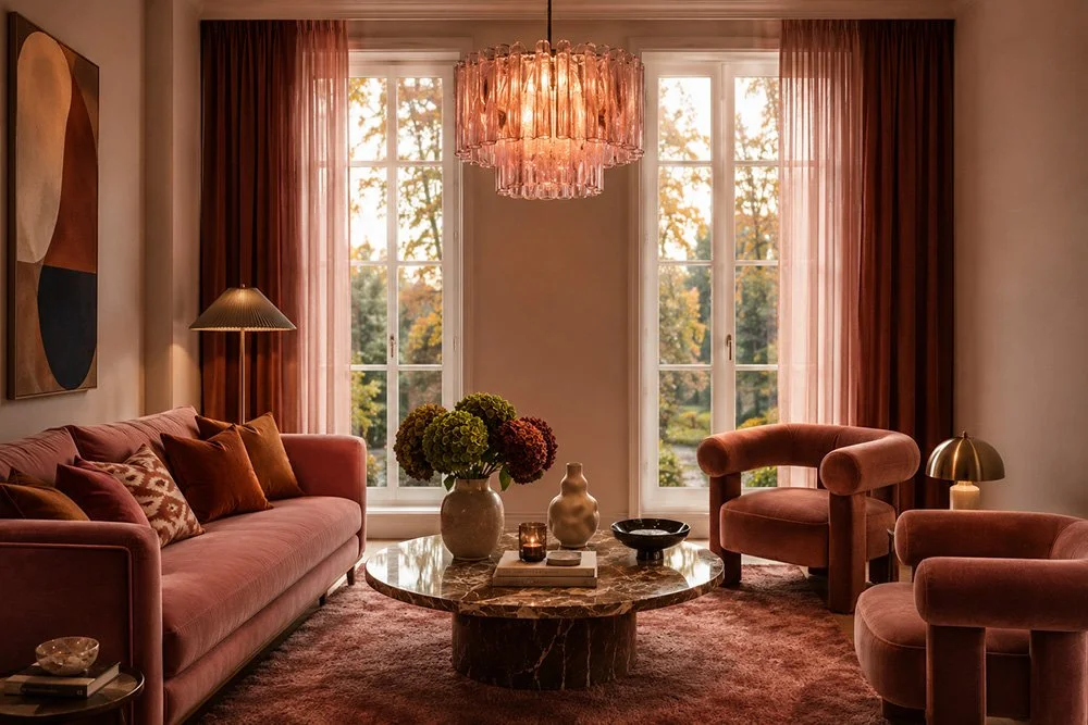 Boutiquehotell-inspirerad inredningsdesign med rosa sammetsmöbler, rostfärger, dekorativ glaslampa och exklusiv skandinavisk design av Hemisfär.