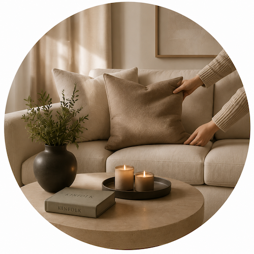 Styling av vardagsrum med kuddar, textilier och inredningsdetaljer