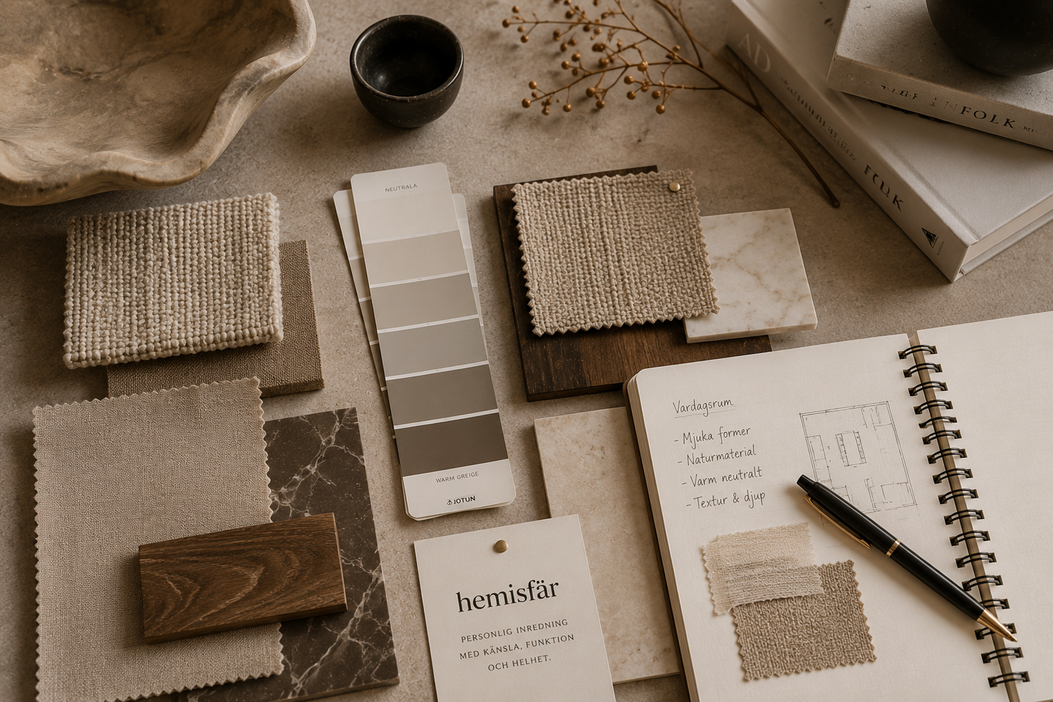 Inredningsdetaljer och materialprover och färgprover