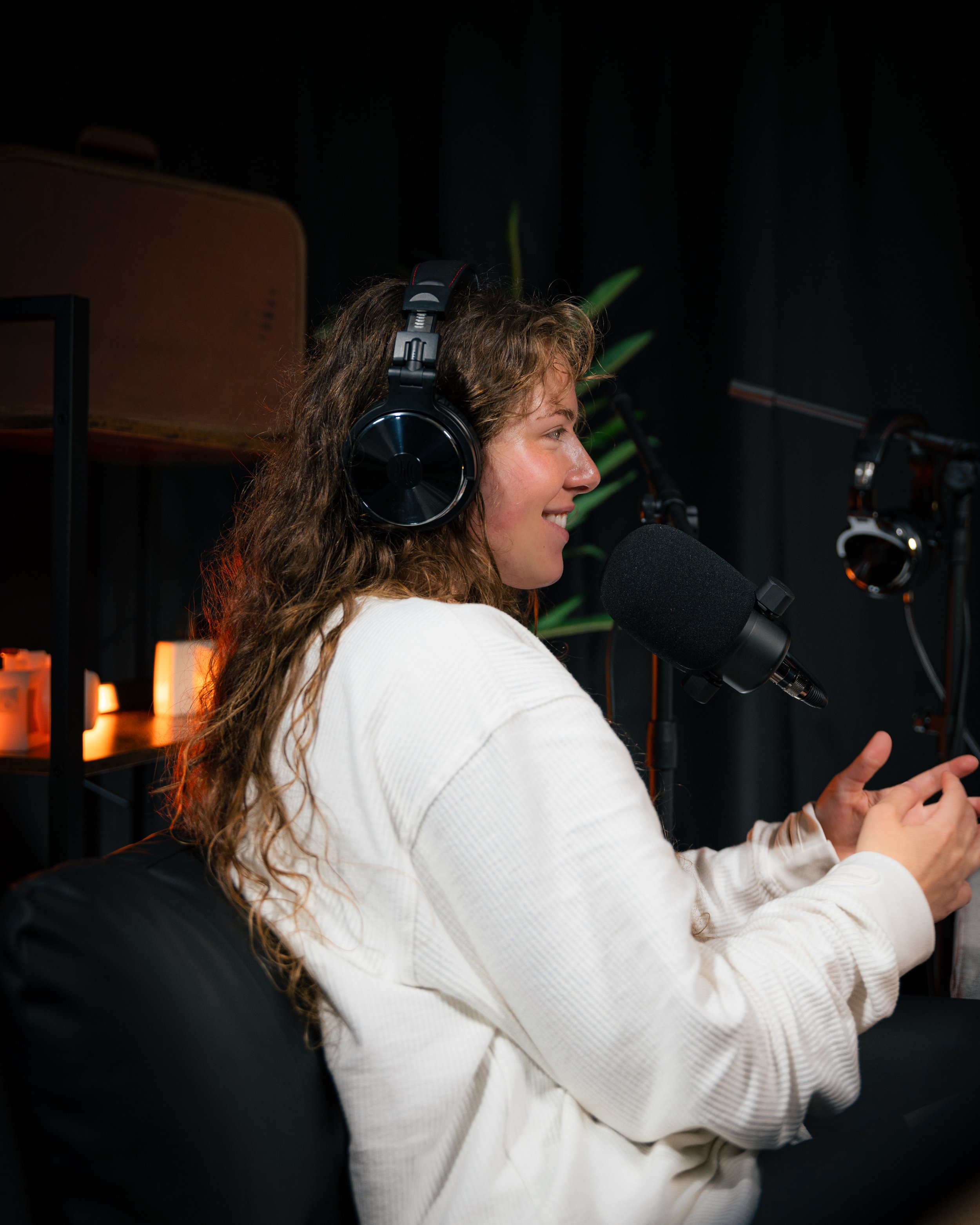 Girl talking on a podcast