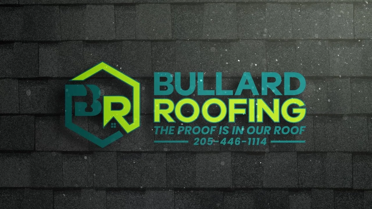 Logo for Bullard Roofing with a house outline, slogan, and contact number on a brick wall.