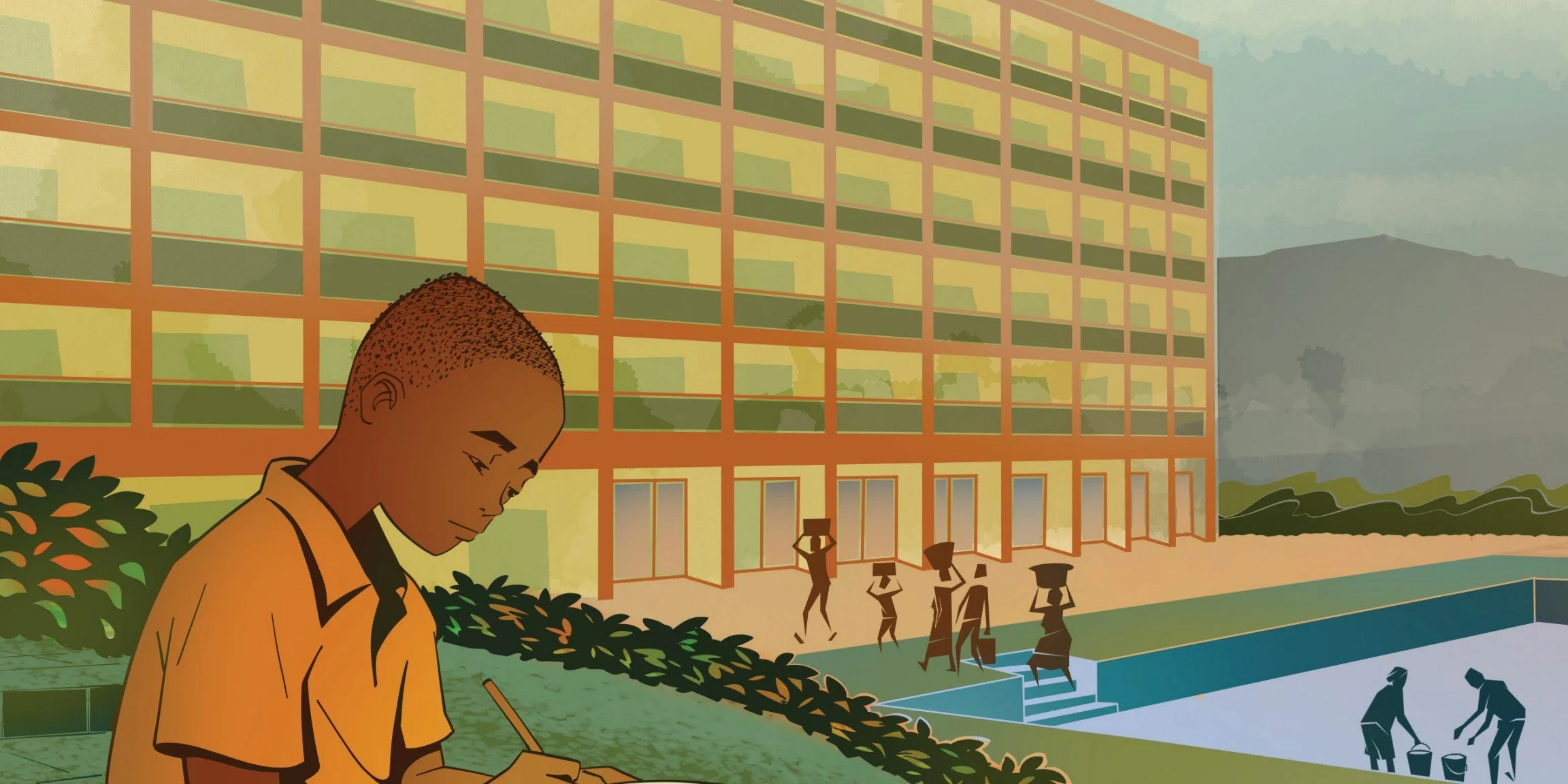 Illustration from The Kid Who Drew by Stephen Harris and Dolph Banza — a boy sketching outside the Learnlife Hub in Kigali