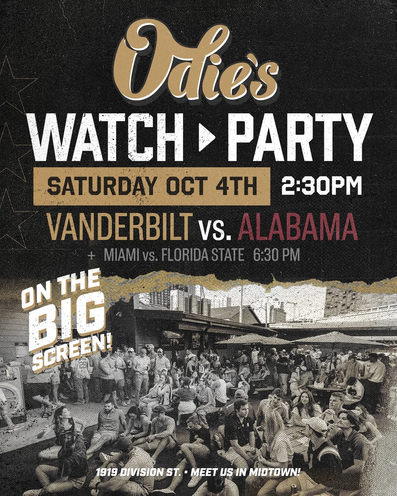 GAME DAY Saturday at Odie’s! 🏈 Catch #Vanderbilt vs #Alabama on the big screen— beer bucket and drink specials all day during the games! See you this weekend 🍻