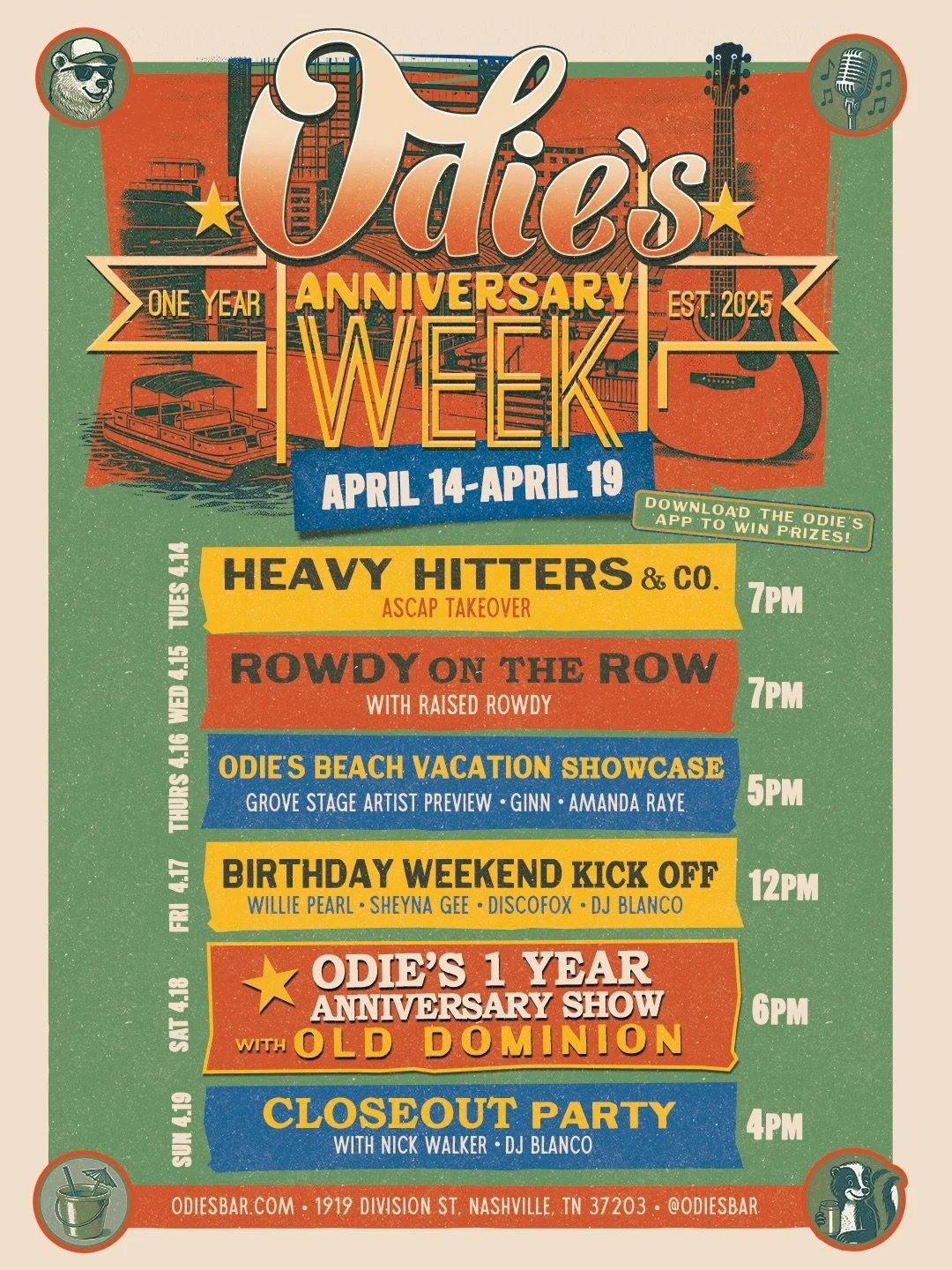 Updated Anniversary Week lineup 😉 We can&rsquo;t wait to celebrate with you all week long&mdash; be sure to check in daily on the Odie&rsquo;s App for your chance to win great prizes including Front-Of-The-Line passes for Saturday&rsquo;s show!