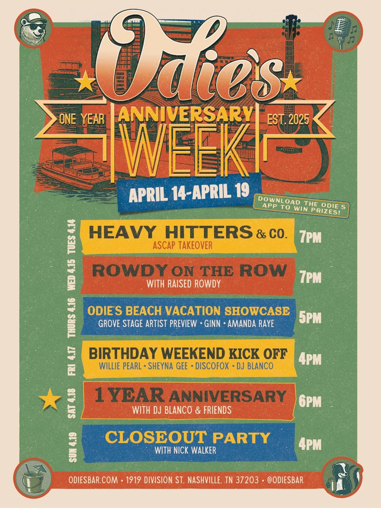 ODIE&rsquo;S IS TURNING 1 &mdash; and we&rsquo;re celebrating all week long 🎉 Join us next Tuesday, 4/14 through Sunday, 4/19 for live music every day, giveaways, and limited-edition anniversary drops you can only get here. Check in on the Odie&rsqu