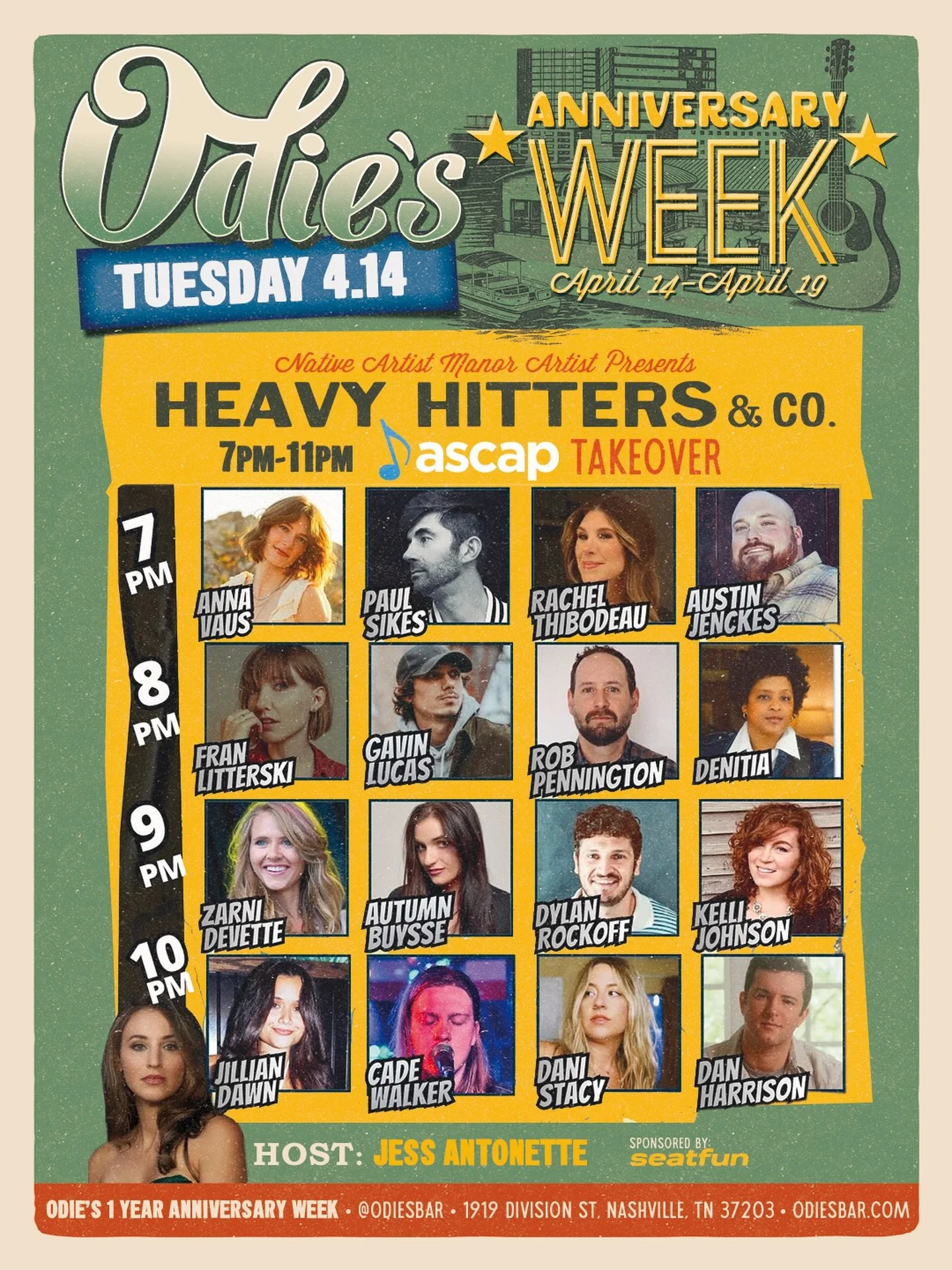 Happy Anniversary Week! 🧡 Don&rsquo;t miss a special @heavyhittersandco tonight at Odie&rsquo;s&mdash; It&rsquo;s an @ascap takeover showcasing some of their top writers and performers for a night of amazing live music! The fun starts at 7PM 🎶