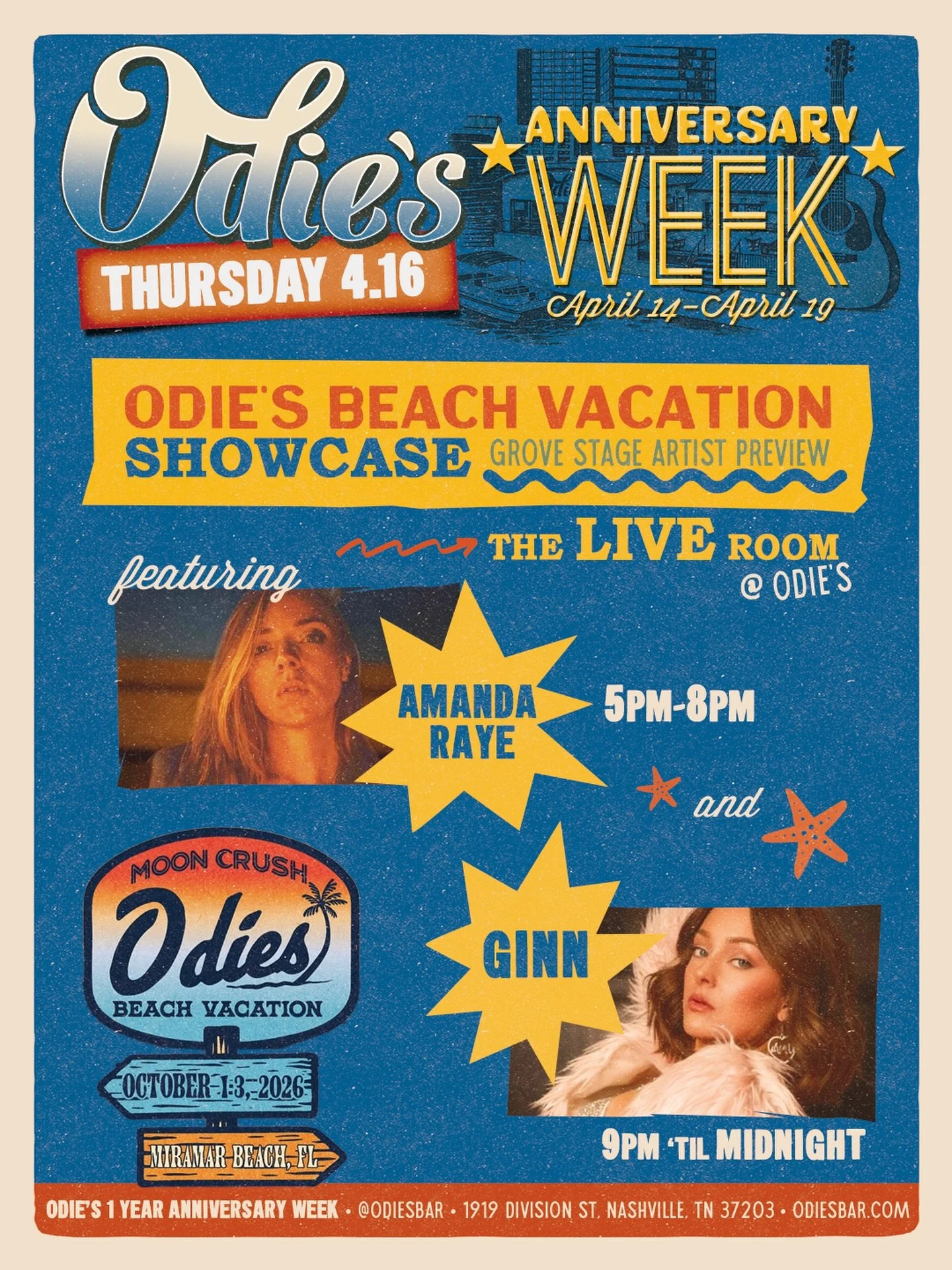 The bash before the BEACH! 🏝️ Don&rsquo;t miss tonight&rsquo;s #OdiesBeachVacation Showcase featuring two of our Grove Stage artists playing the festival&mdash; @missamandaraye and @ginnsings! 

Come enjoy and don&rsquo;t forget to check-in on the O