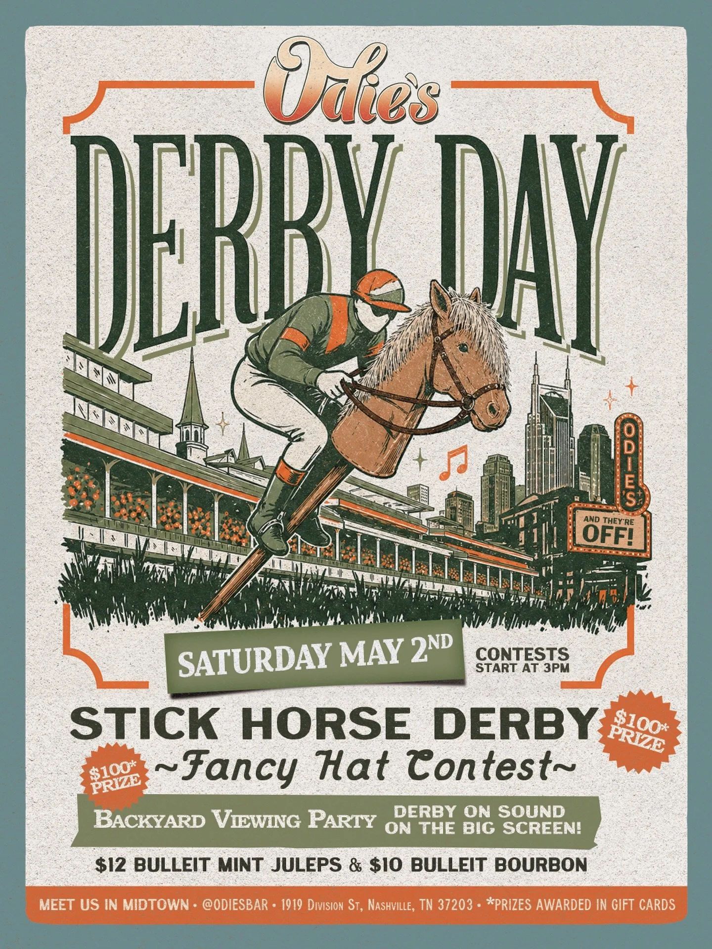We&rsquo;re off to the races this Saturday at Odie&rsquo;s! Get your best hat on and spend Derby Day with us&mdash; sip on $12 Bulleit Mint Juleps, win BIG at our Stick Horse Derby &amp; Hat Contests, AND catch the most exciting two minutes in sports