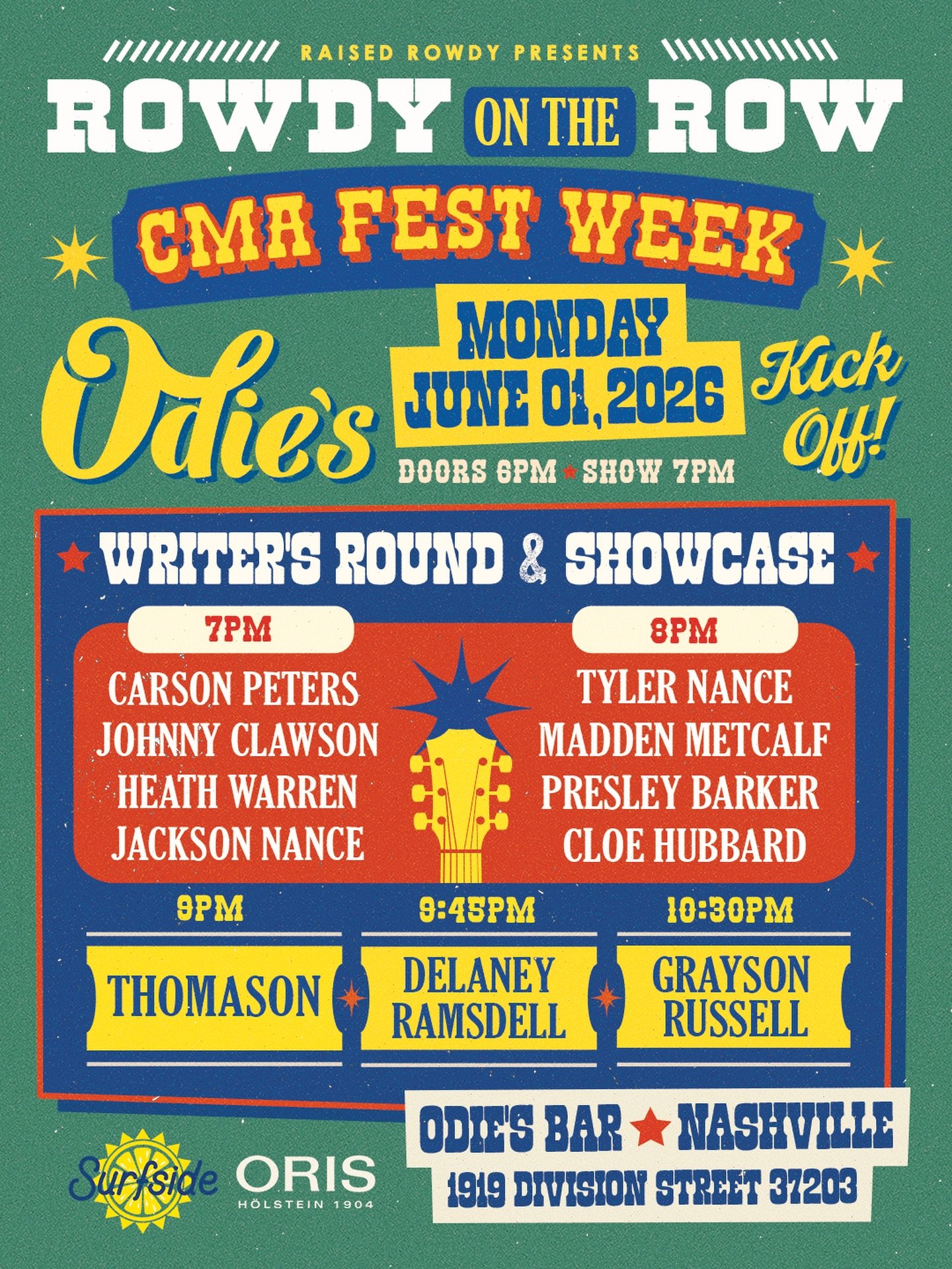 #CMAfest week is here and we&rsquo;re kicking things off tonight at Odie&rsquo;s with @rowdyontherow! The lineup is insane, don&rsquo;t miss it&mdash; doors open at 6PM!