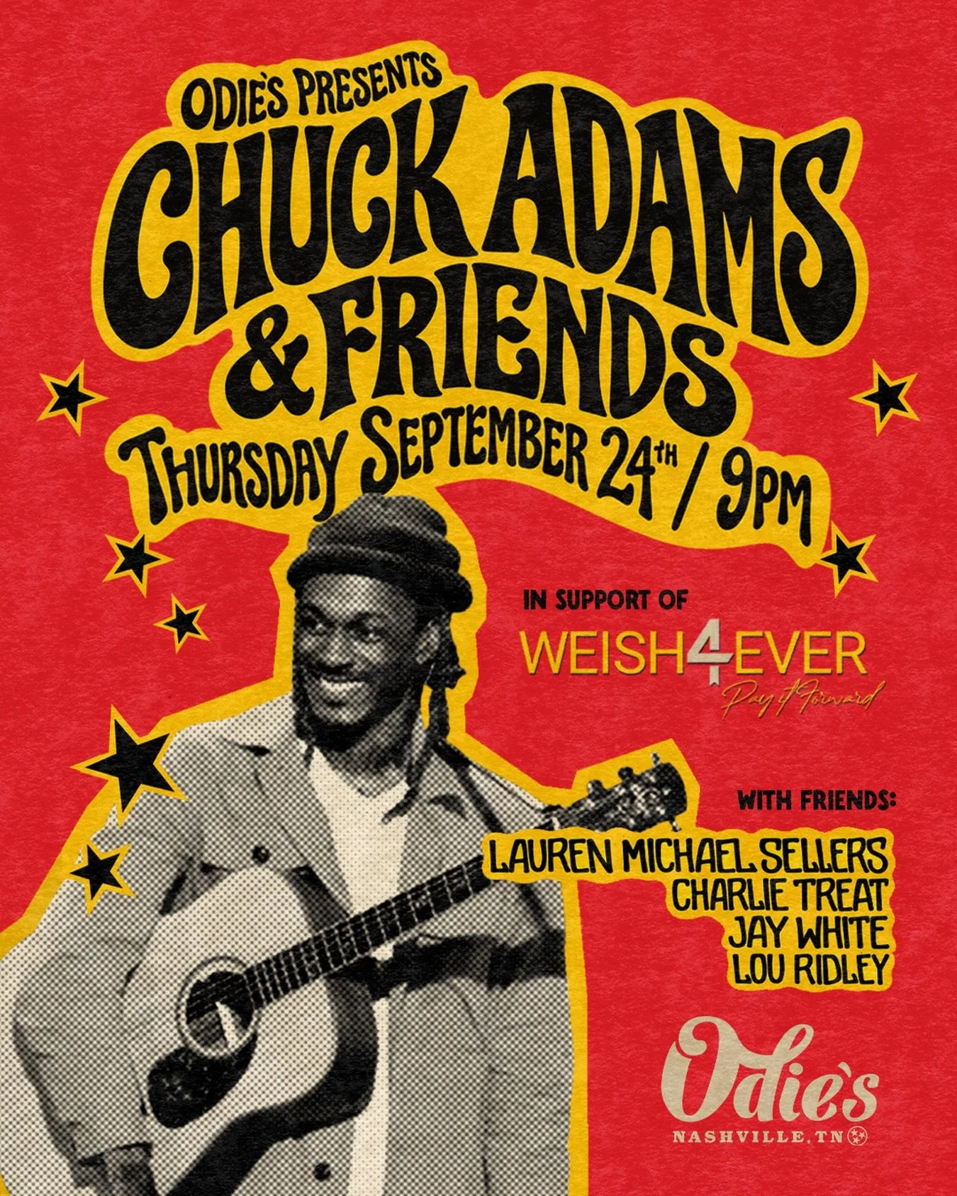 This THURSDAY, 9/24&ndash; Don&rsquo;t miss a special night of Live Music with Chuck Adams &amp; Friends in support of @weish4ever 🧡 Come out for a great cause, the show starts at 9PM!