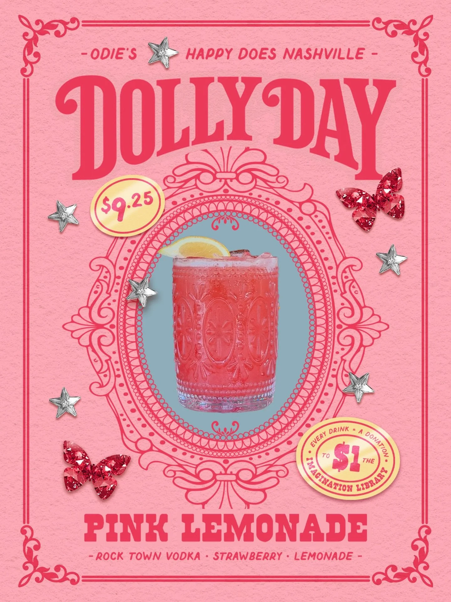 Celebrate Dolly&rsquo;s legacy this Friday, 9/25, with Dolly&rsquo;s Pink Lemonade at Odie&rsquo;s and @happydoesnash! $1 from every Dolly&rsquo;s Pink Lemonade sold will be donated to Dolly&rsquo;s @imaginationlibrary. We will always love DOLLY 💖 #