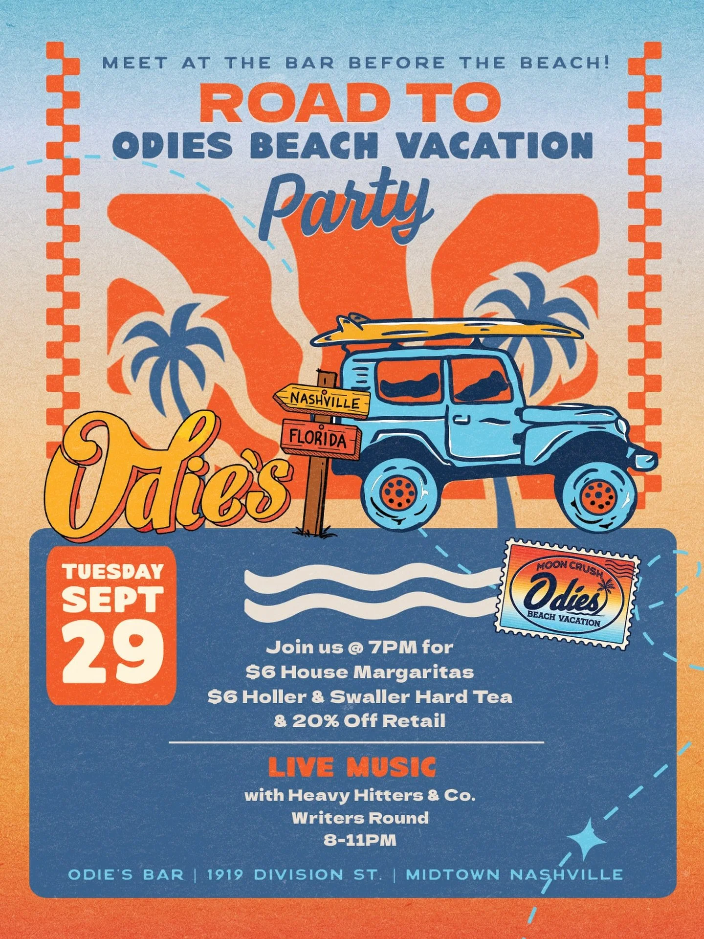 Stop at the BAR on the way to the BEACH 🌴 Join us tonight at Odie&rsquo;s for $6 House Margs, $6 @drinkhollerswaller and 20% off retail for a little get together before Odie&rsquo;s Beach Vacation. Doors open at 7PM + @heavyhittersandco will be here