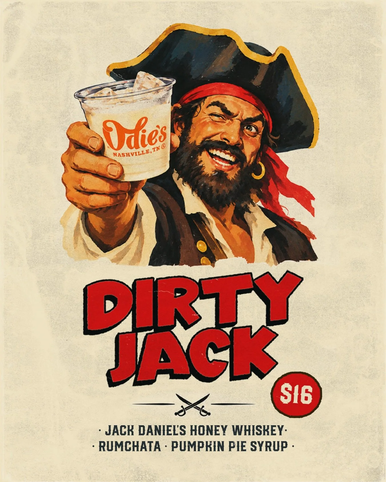 AHOY, October! 🏴&zwj;☠️ Our Drink of the Month is the Dirty Jack&mdash;a little sweet, a little dangerous. Made with Jack Daniel&rsquo;s Honey, RumChata and Pumpkin Pie Syrup, it&rsquo;ll have you walking the plank for another! Consider this your fi
